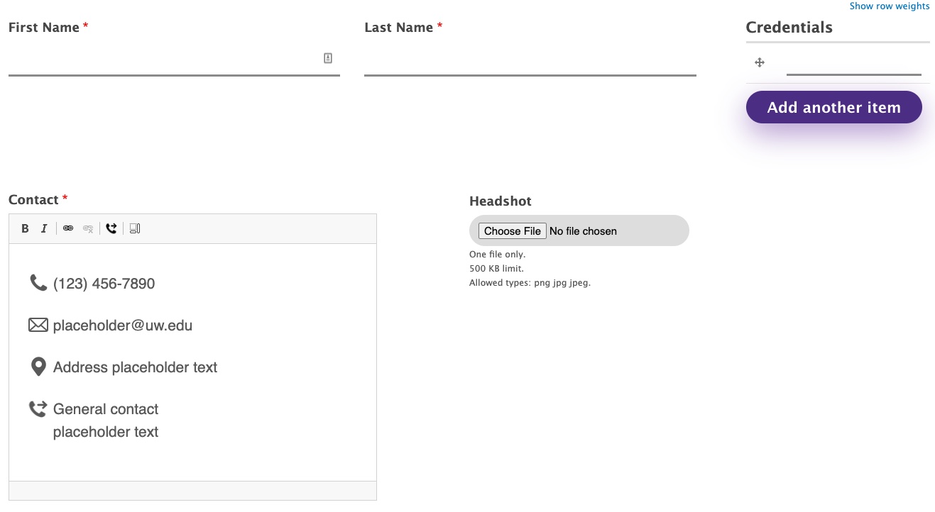 The basic editing panel for people showing the name and contact areas